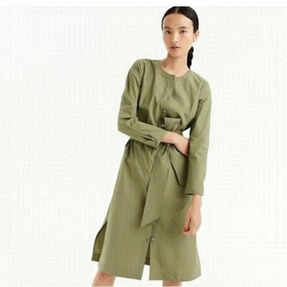 J. Crew Belted Shirt Dress Army Green Button Up Midi 100% Cotton Dress Size XS